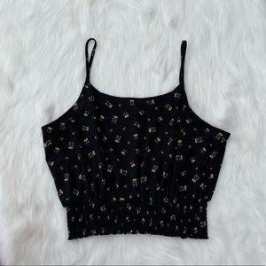 Love, Fire Black Yellow Floral Sleeveless Cinched Crop Top